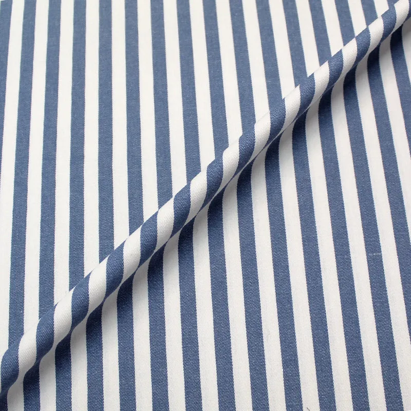 55CM REMNANT Dressmaking Cotton Twill - Medium Stripe - Denim Blue and White