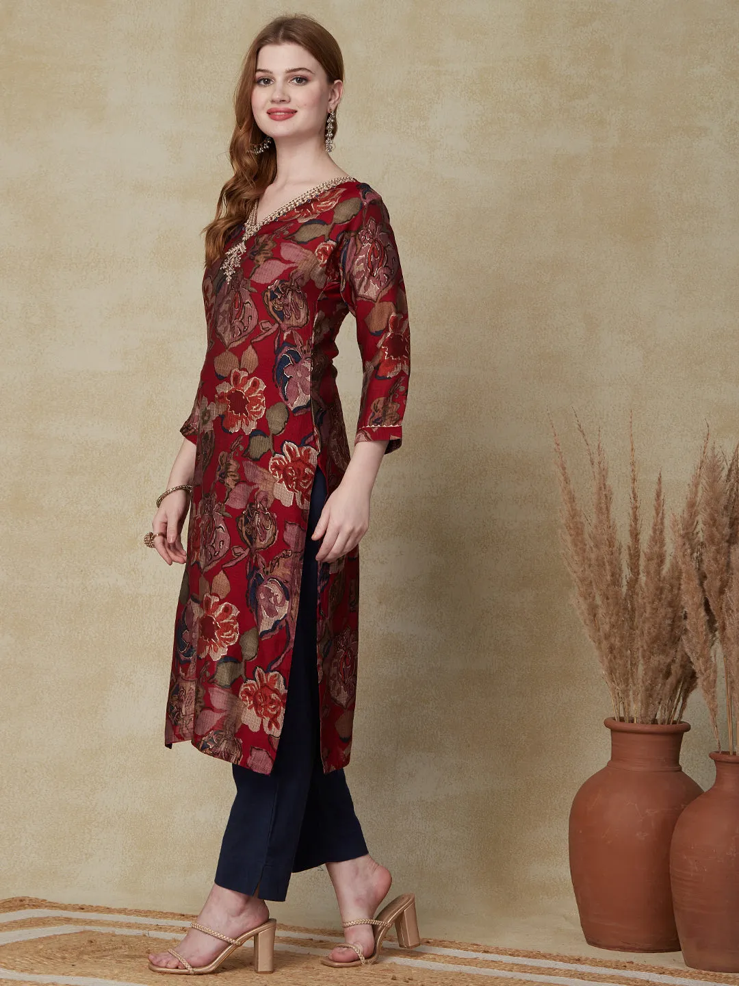 Abstract & Floral Printed Zari Dori & Resham Embroidered Kurta - Red & Multi