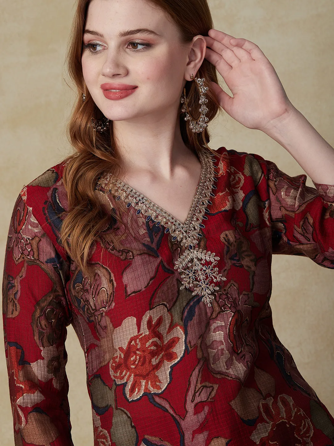 Abstract & Floral Printed Zari Dori & Resham Embroidered Kurta - Red & Multi