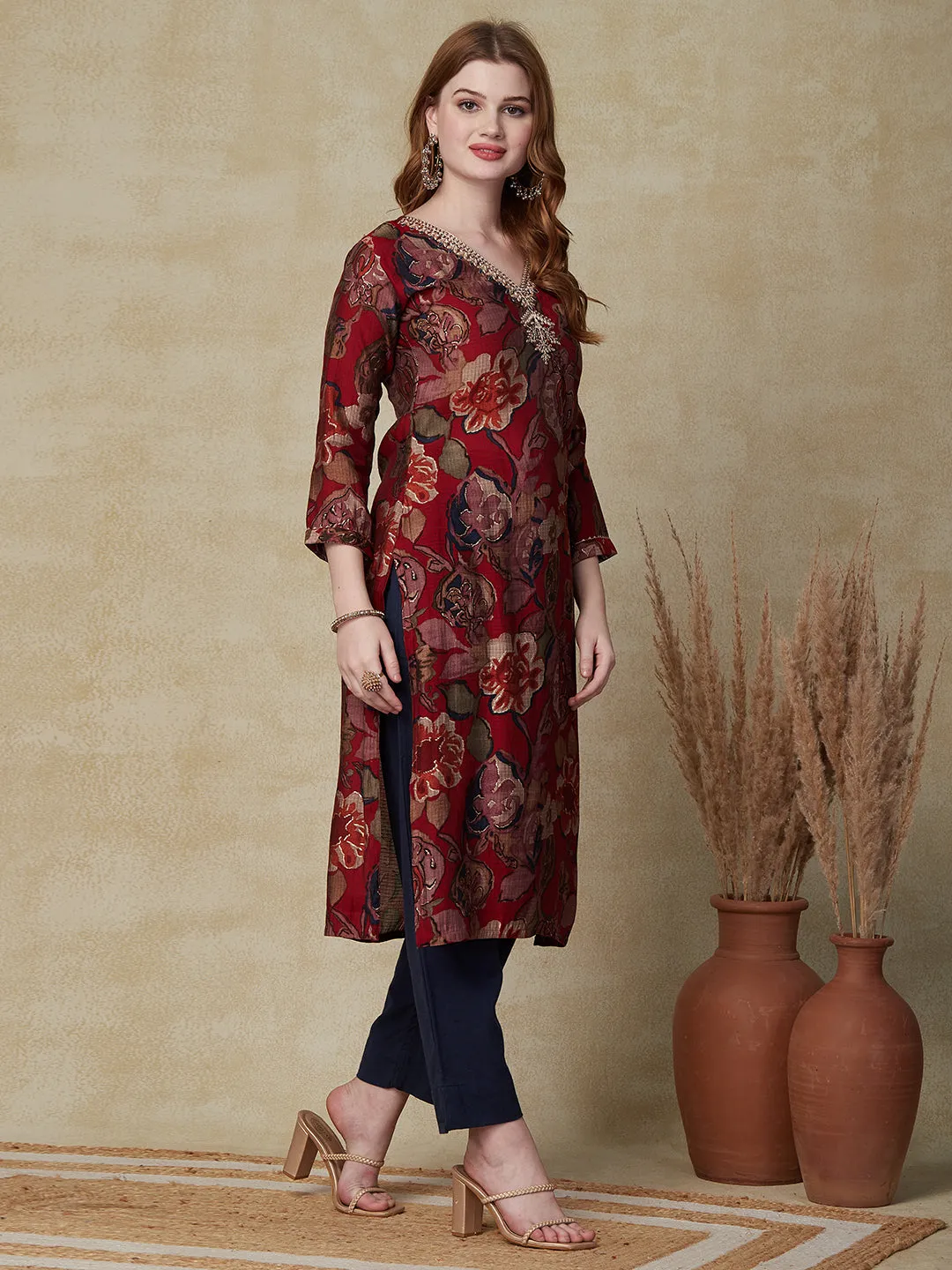 Abstract & Floral Printed Zari Dori & Resham Embroidered Kurta - Red & Multi