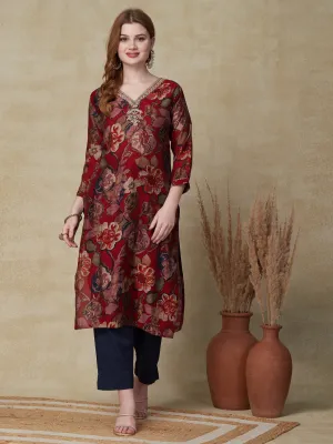 Abstract & Floral Printed Zari Dori & Resham Embroidered Kurta - Red & Multi