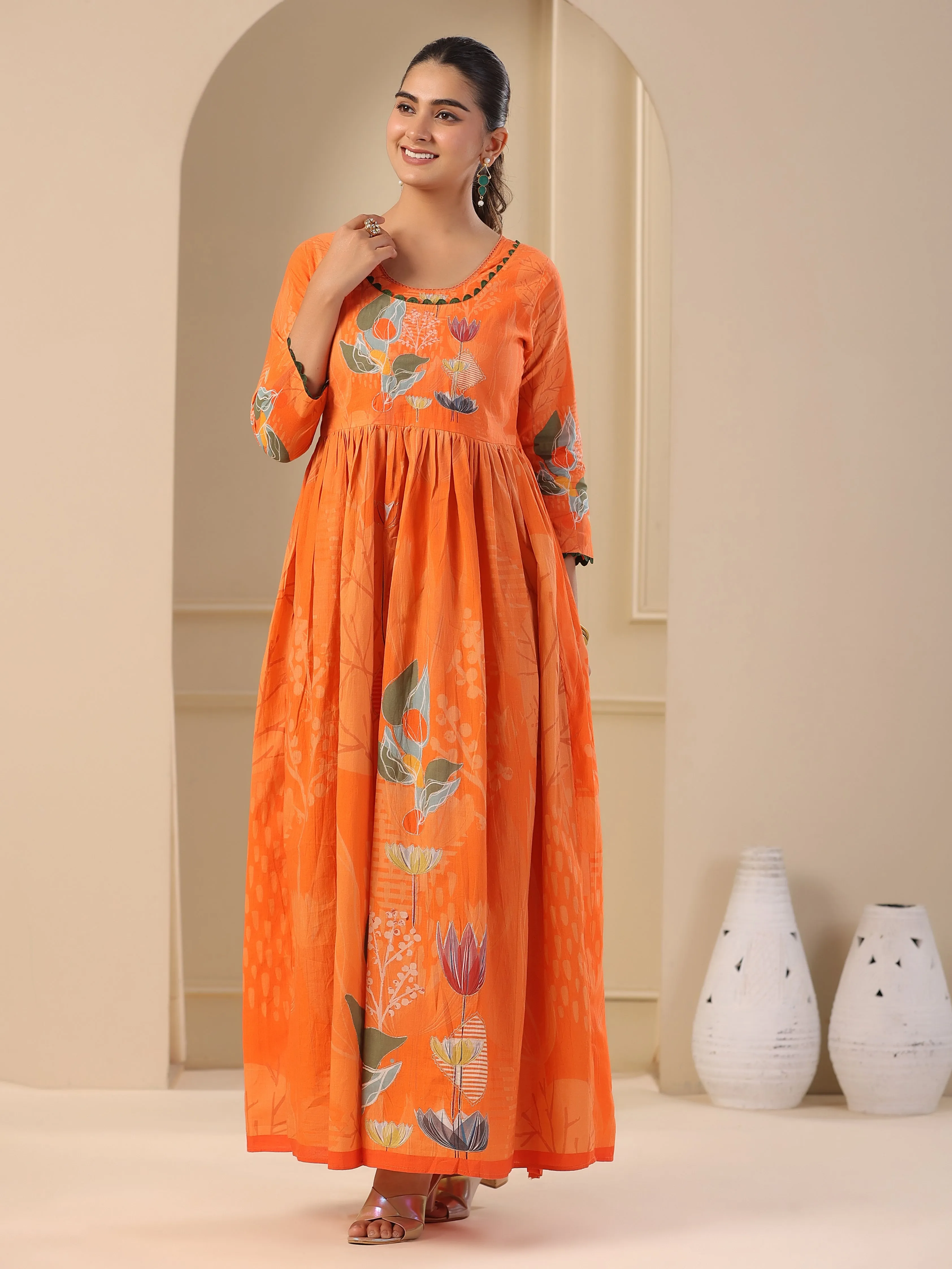 Abstract & Floral Printed Zari Embellished Pleated Maxi Dress - Orange