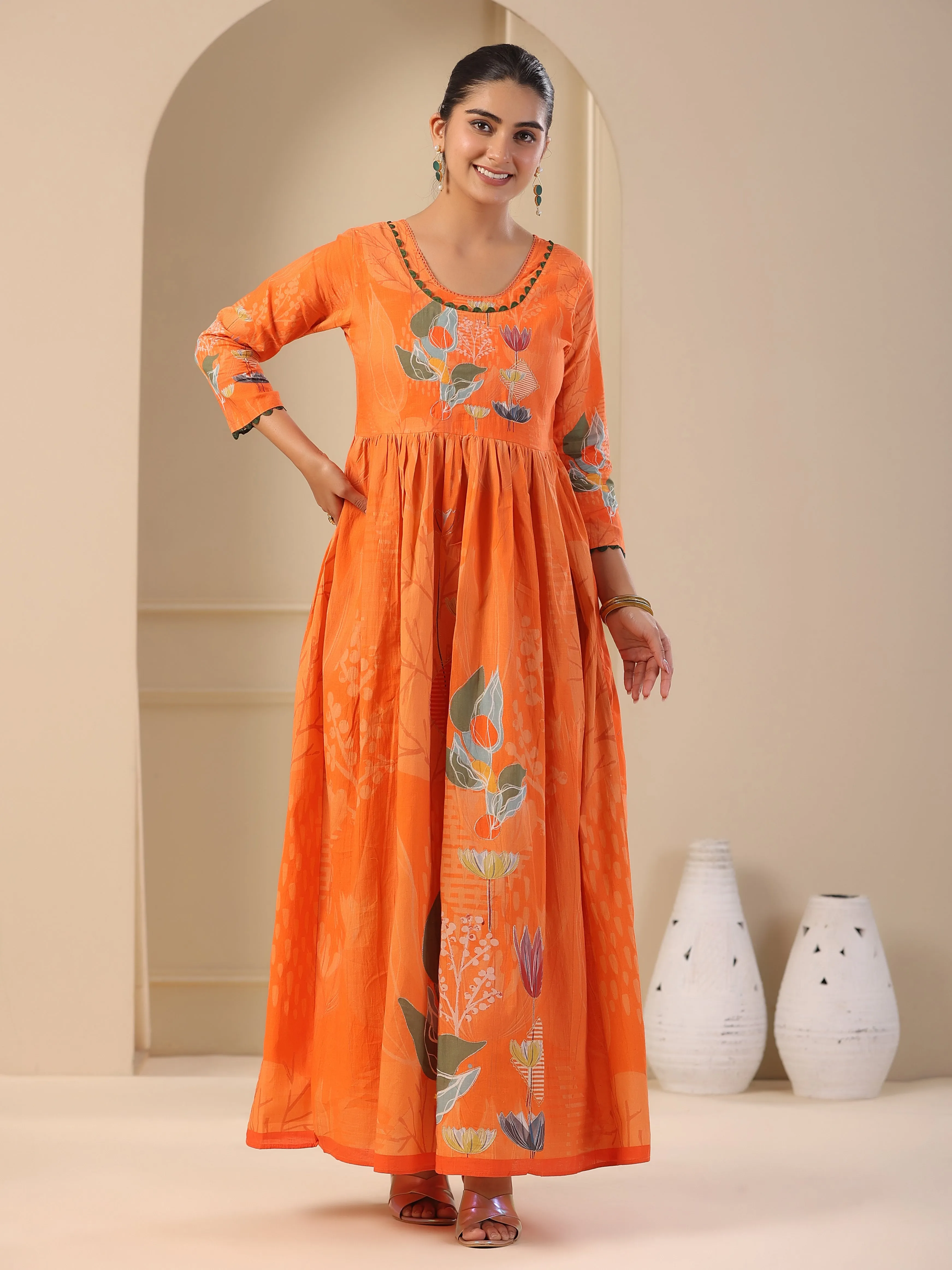 Abstract & Floral Printed Zari Embellished Pleated Maxi Dress - Orange