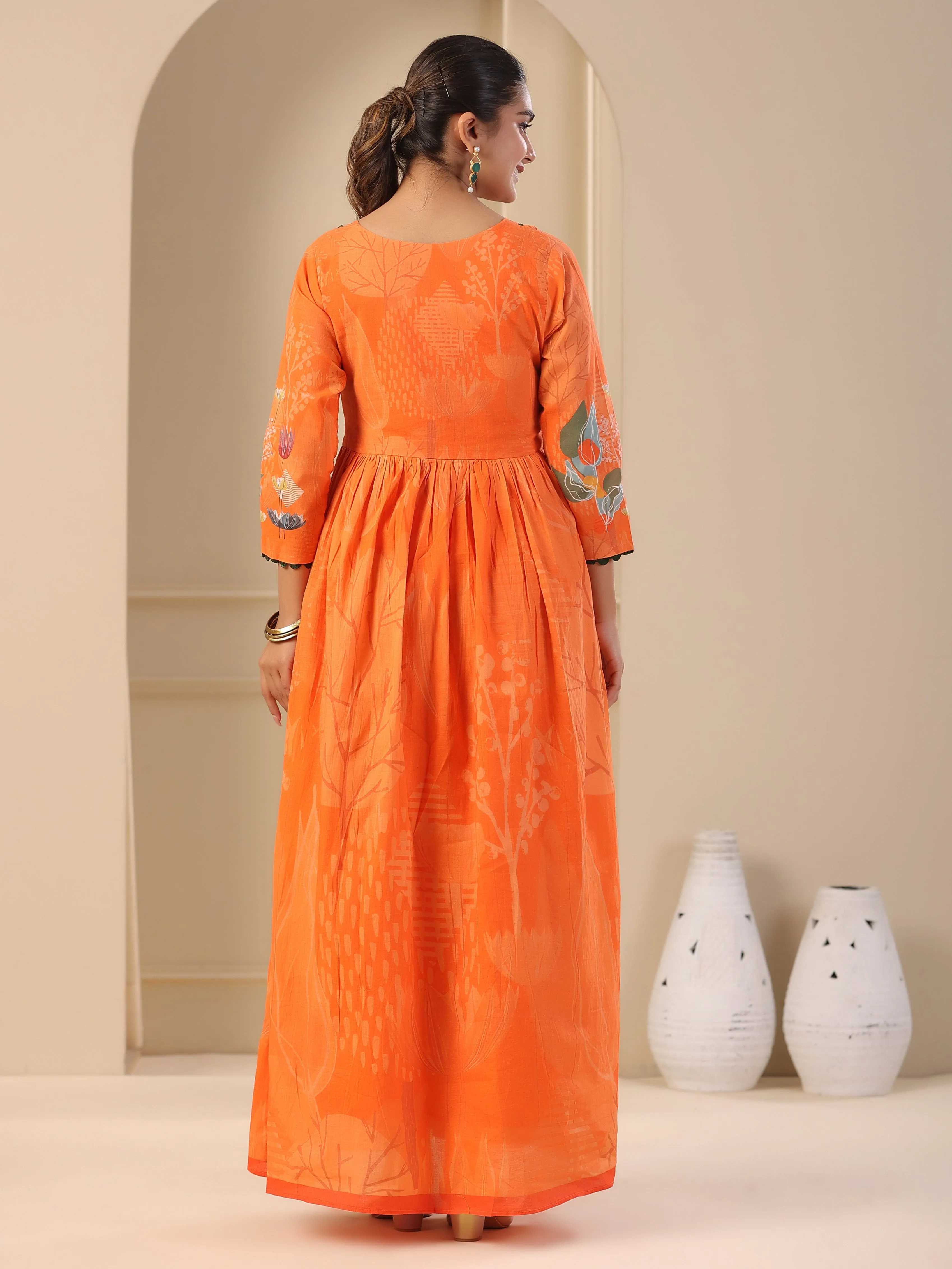 Abstract & Floral Printed Zari Embellished Pleated Maxi Dress - Orange