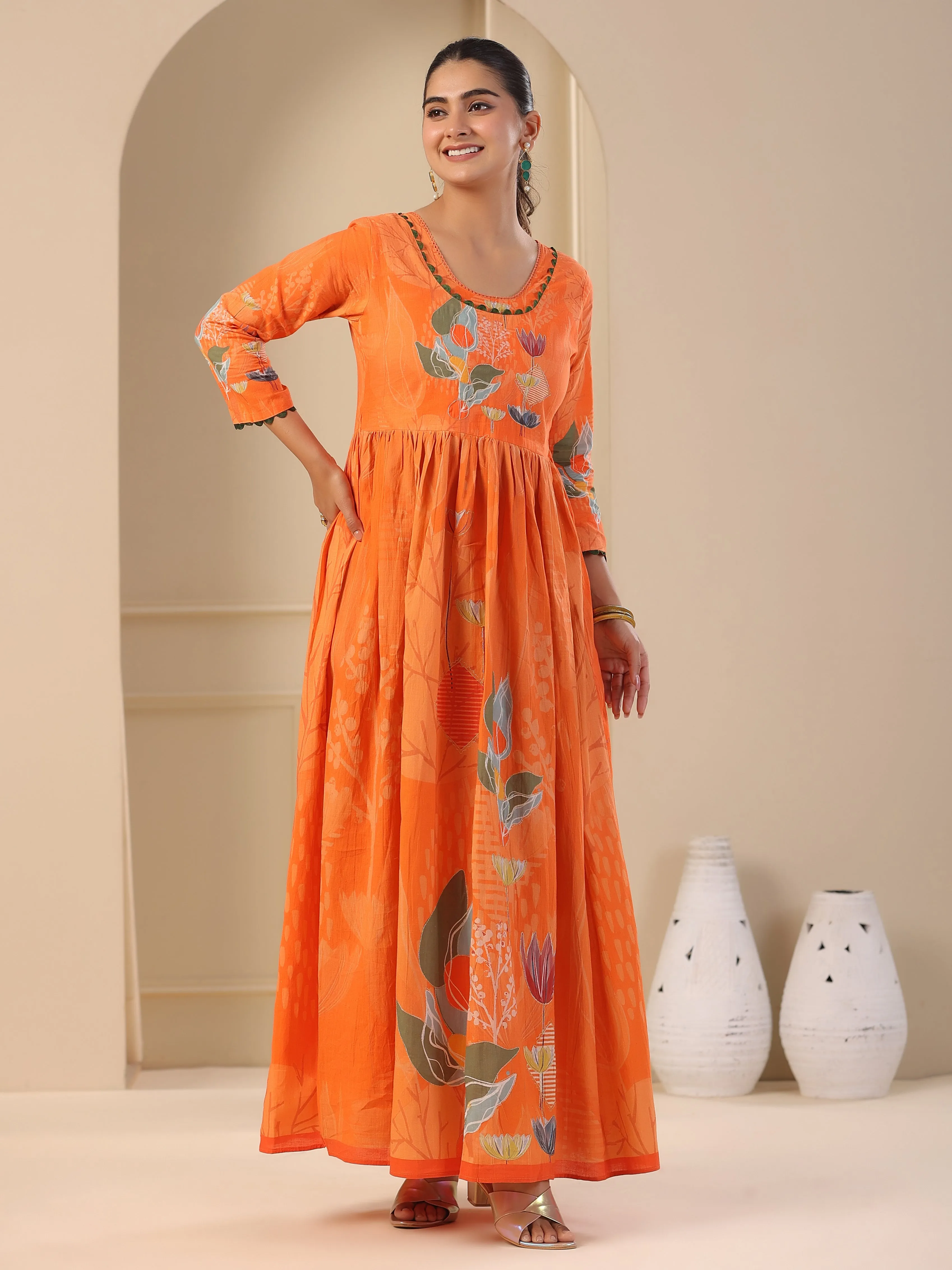 Abstract & Floral Printed Zari Embellished Pleated Maxi Dress - Orange