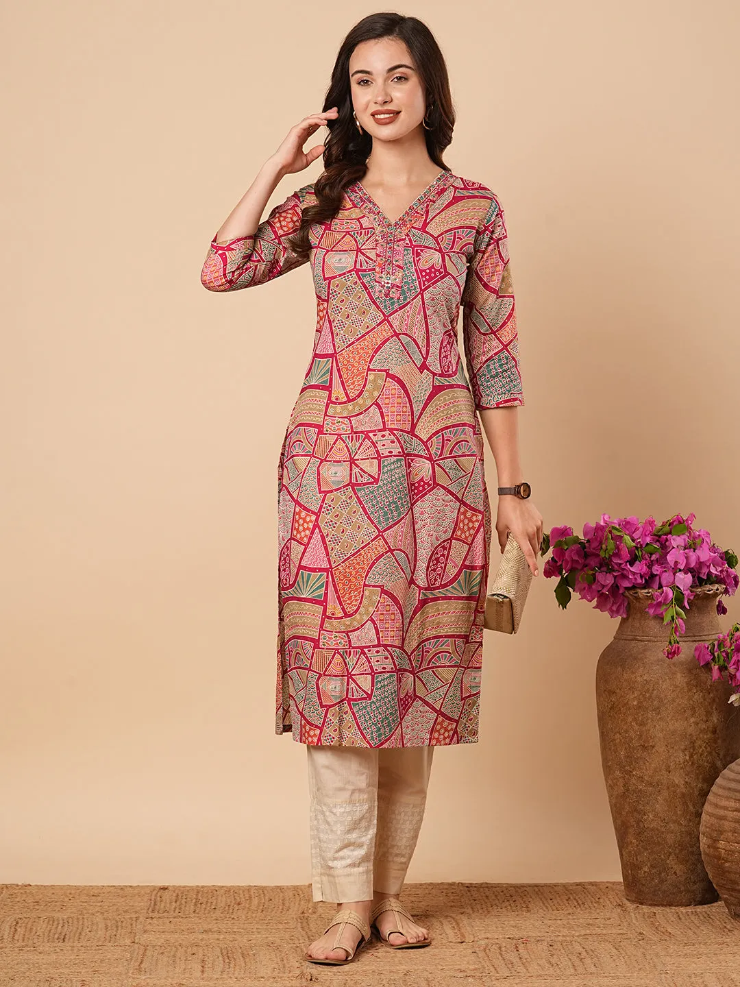 Abstract & Paisley Printed Mirror & Resham Embroidered & Kurta - Multi