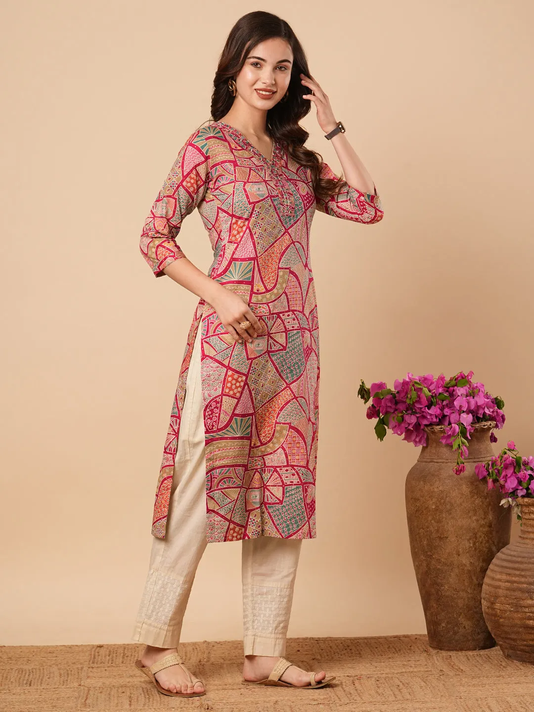 Abstract & Paisley Printed Mirror & Resham Embroidered & Kurta - Multi