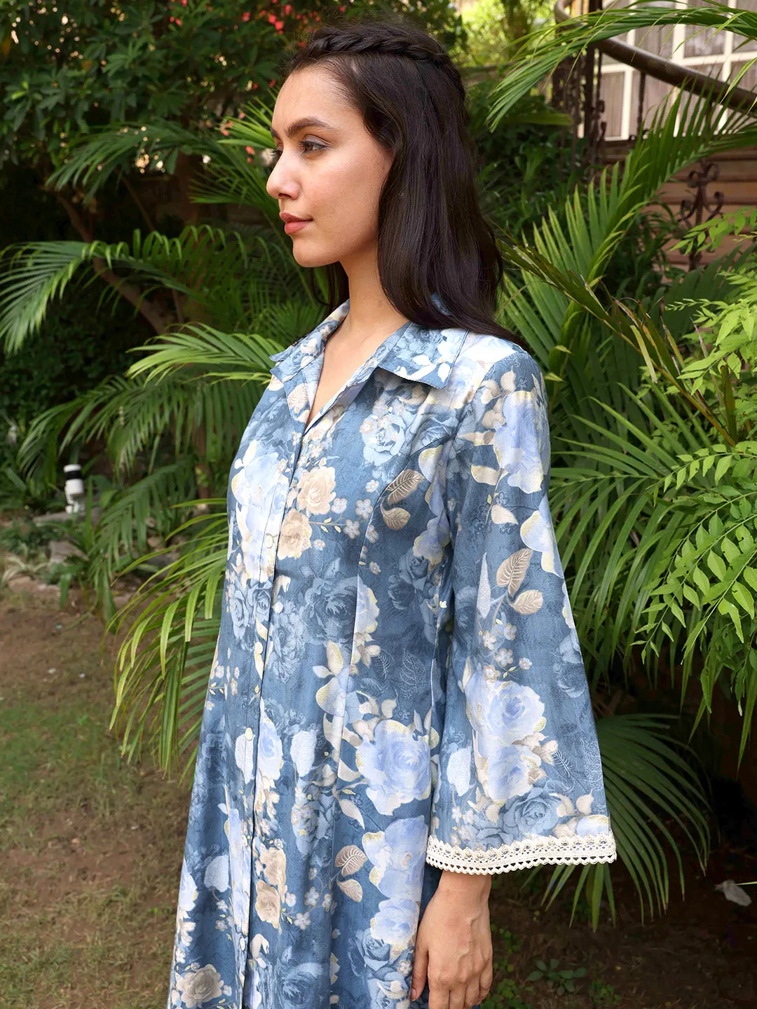 Abstract Floral Foil Printed A-Line Paneled Kurta with Pant - Blue