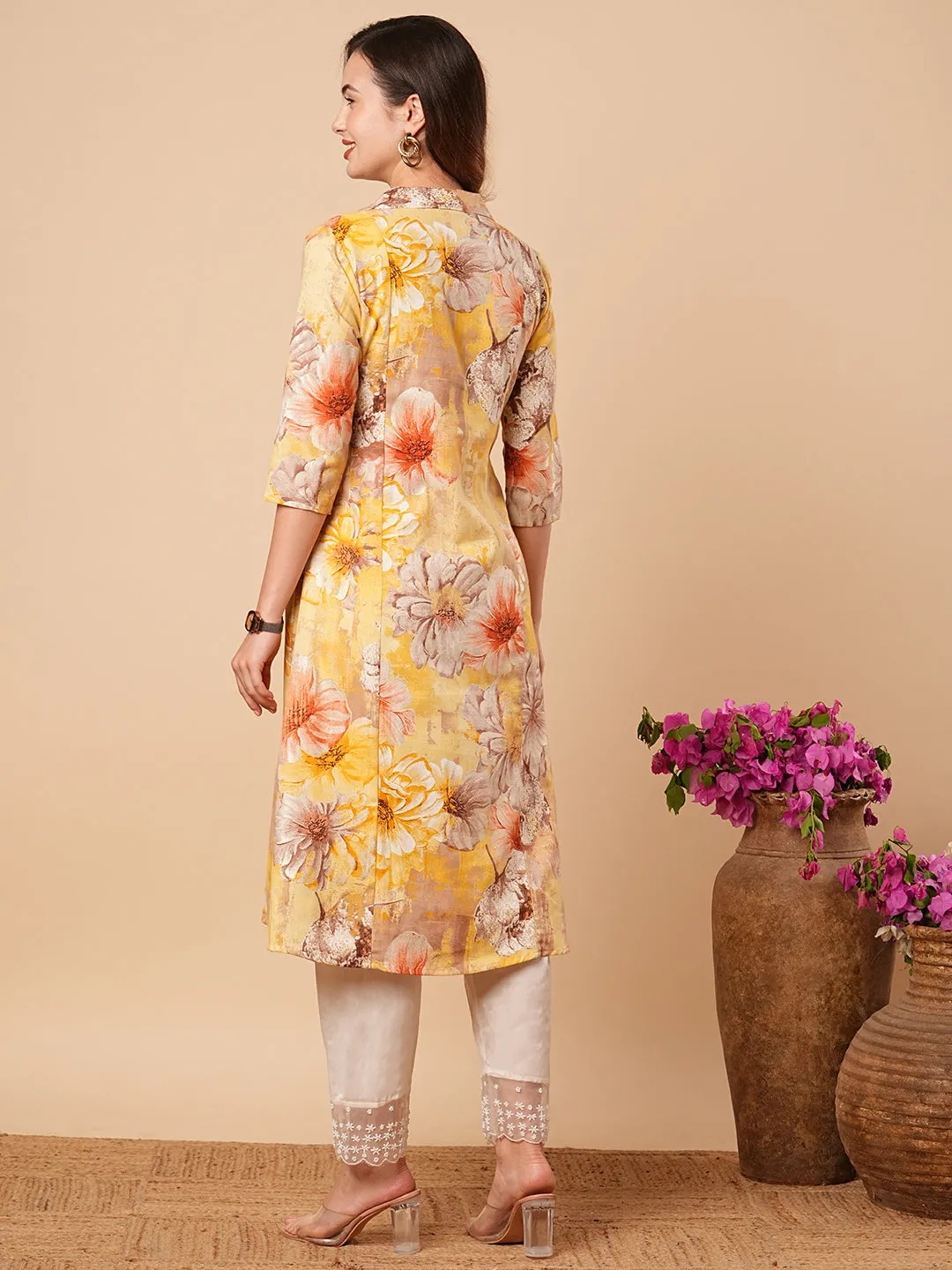 Abstract Floral Foil Printed A-Line Paneled Midi Dress - Yellow