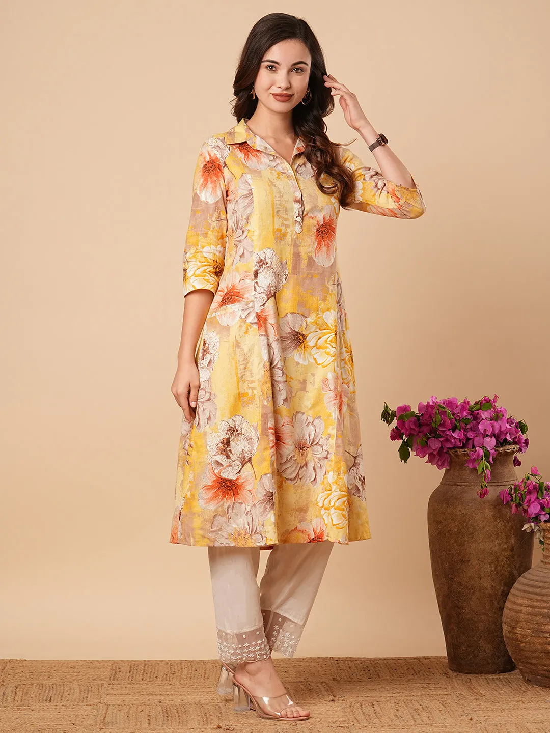 Abstract Floral Foil Printed A-Line Paneled Midi Dress - Yellow