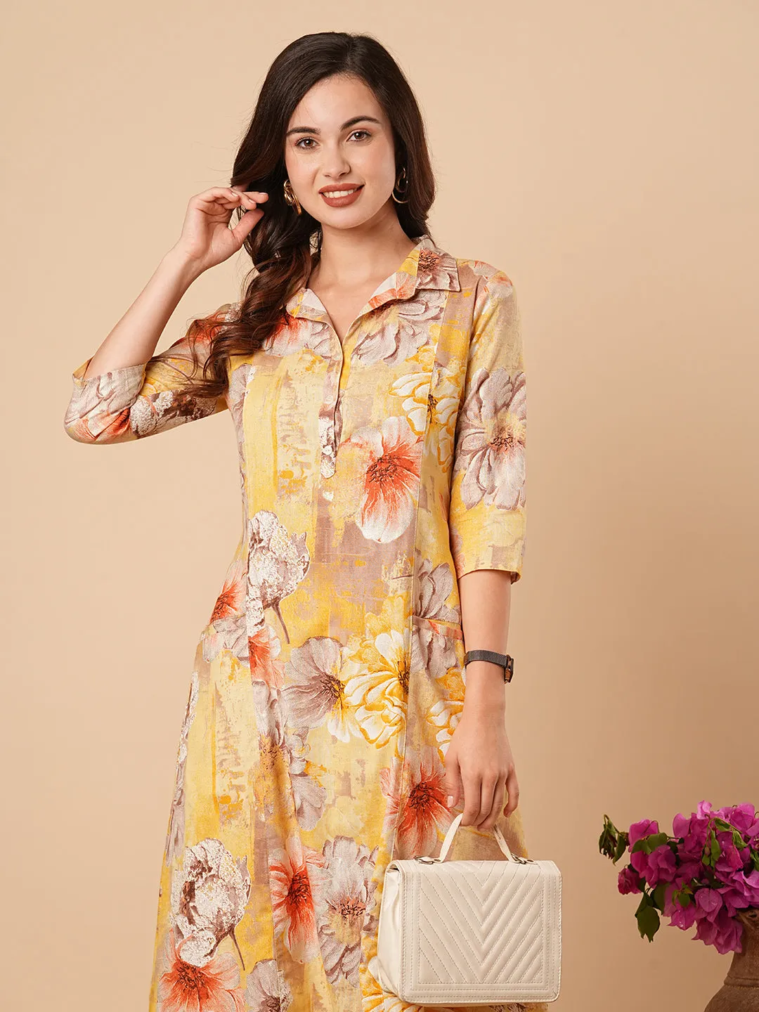 Abstract Floral Foil Printed A-Line Paneled Midi Dress - Yellow