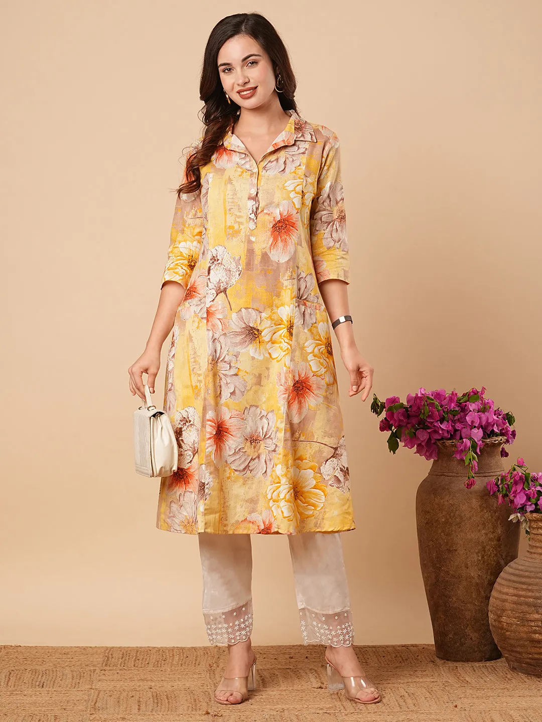 Abstract Floral Foil Printed A-Line Paneled Midi Dress - Yellow