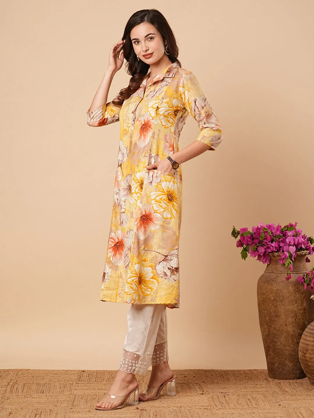 Abstract Floral Foil Printed A-Line Paneled Midi Dress - Yellow