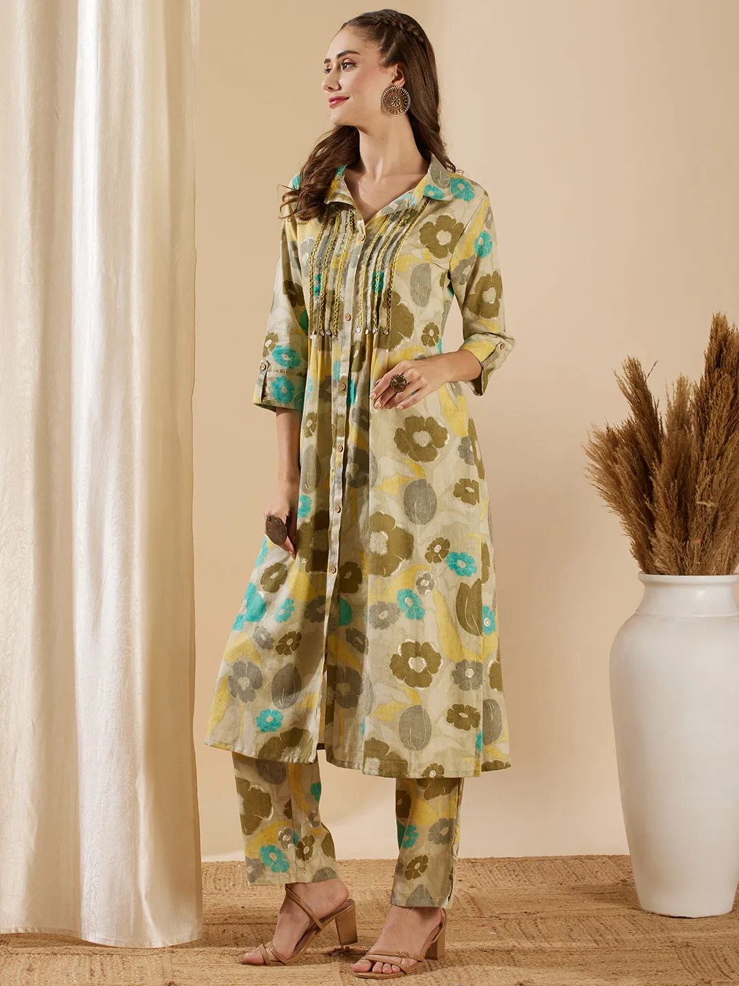 Abstract Floral Foil Printed & Embroidered A-Line Co-ord Set - Dull Green