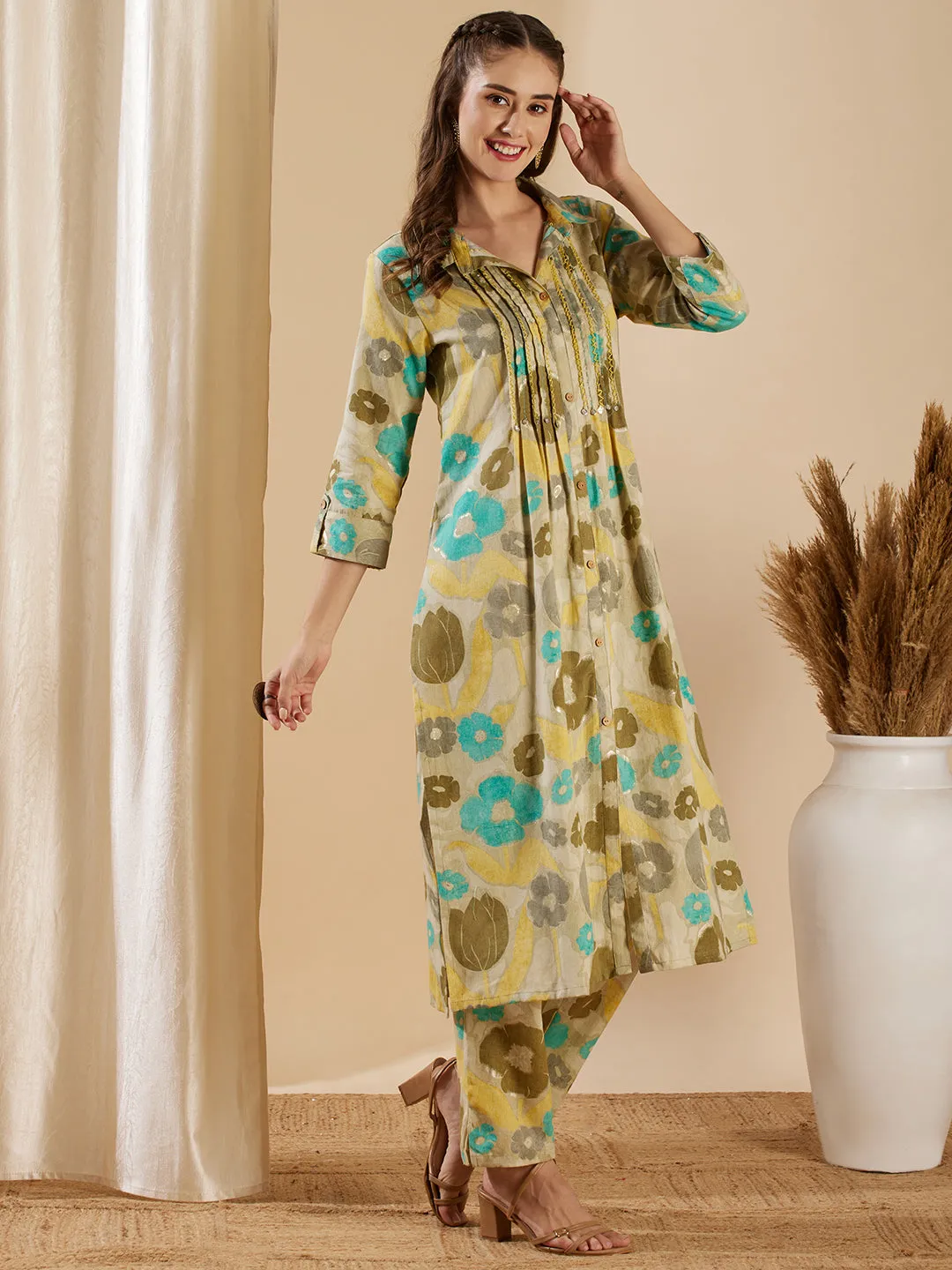 Abstract Floral Foil Printed & Embroidered A-Line Co-ord Set - Dull Green