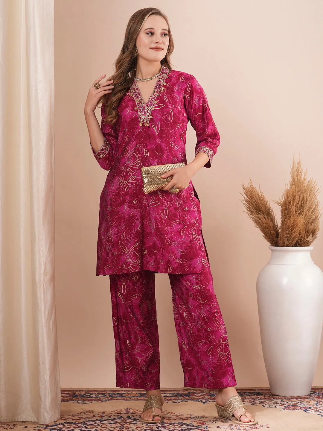 Abstract Floral Foil Printed & Embroidered Straight Fit Co-ord Set - Magenta