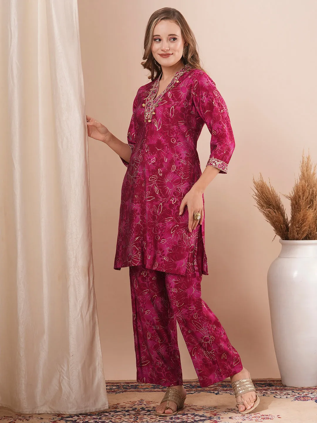 Abstract Floral Foil Printed & Embroidered Straight Fit Co-ord Set - Magenta