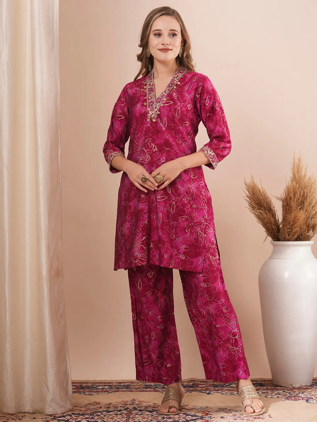 Abstract Floral Foil Printed & Embroidered Straight Fit Co-ord Set - Magenta