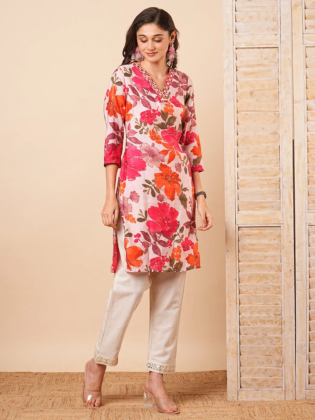 Abstract Floral Foil Printed & Mirror Embroidered Straight Fit Kurta - Pink