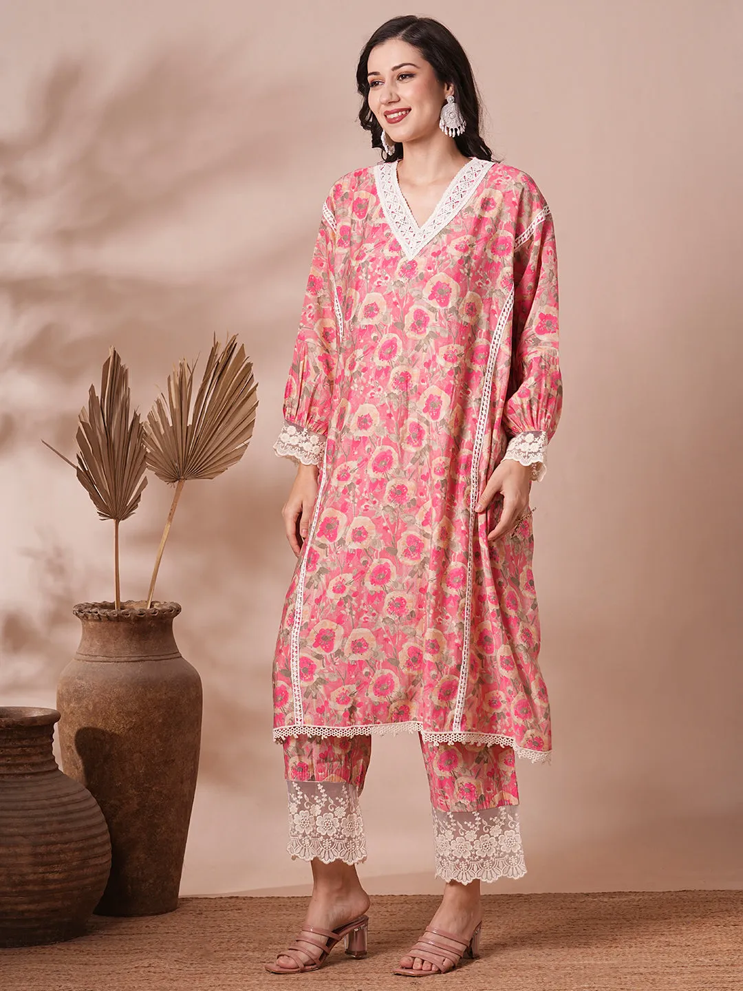 Abstract Floral Foil Printed Kaftan Co-ord Set - Pink