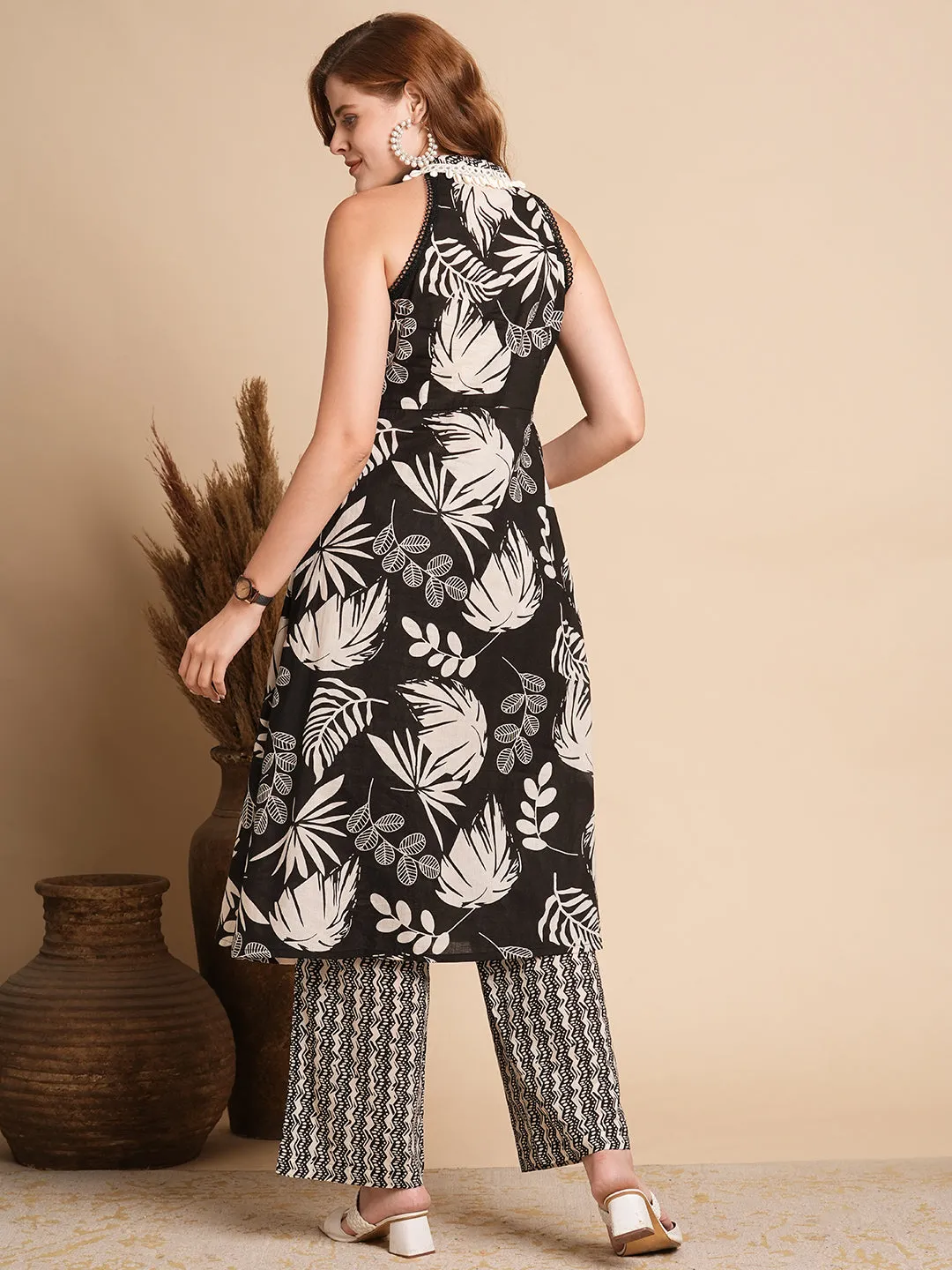 Abstract Floral Printed A-Line Flared Kurta with Palazzo - Black