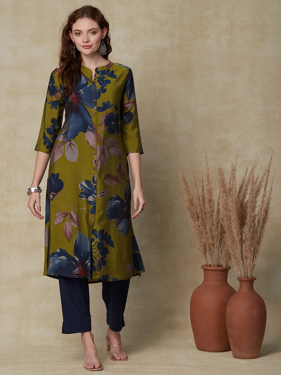 Abstract Floral Printed A-Line Kurta - Green