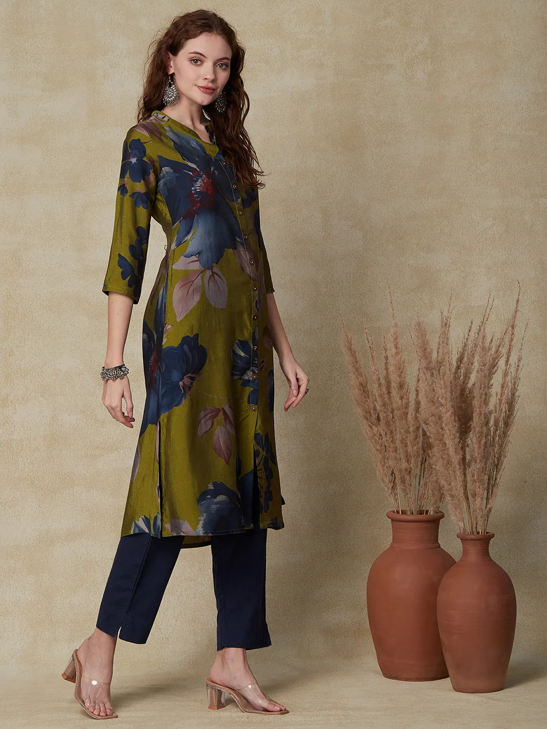 Abstract Floral Printed A-Line Kurta - Green