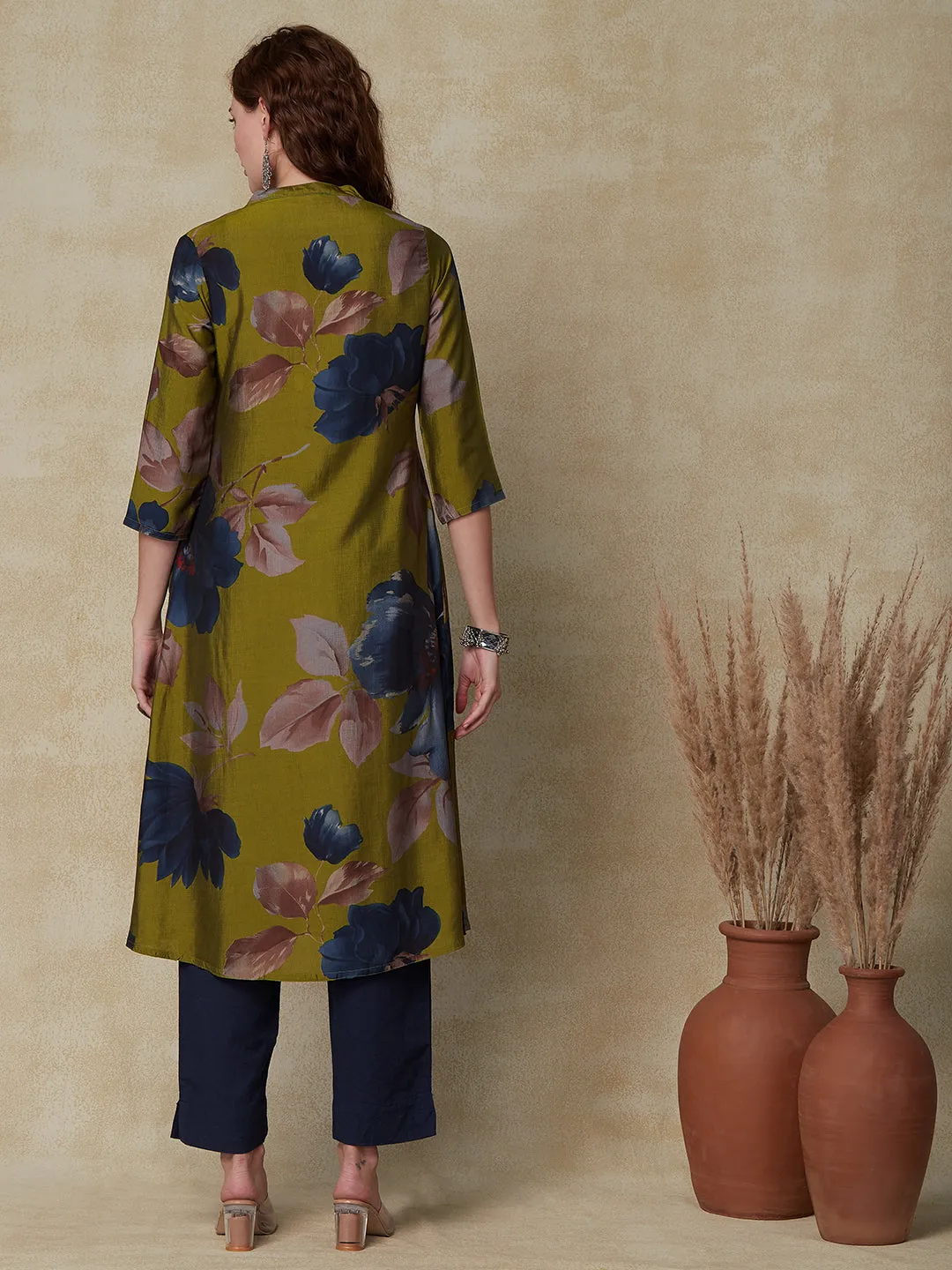 Abstract Floral Printed A-Line Kurta - Green