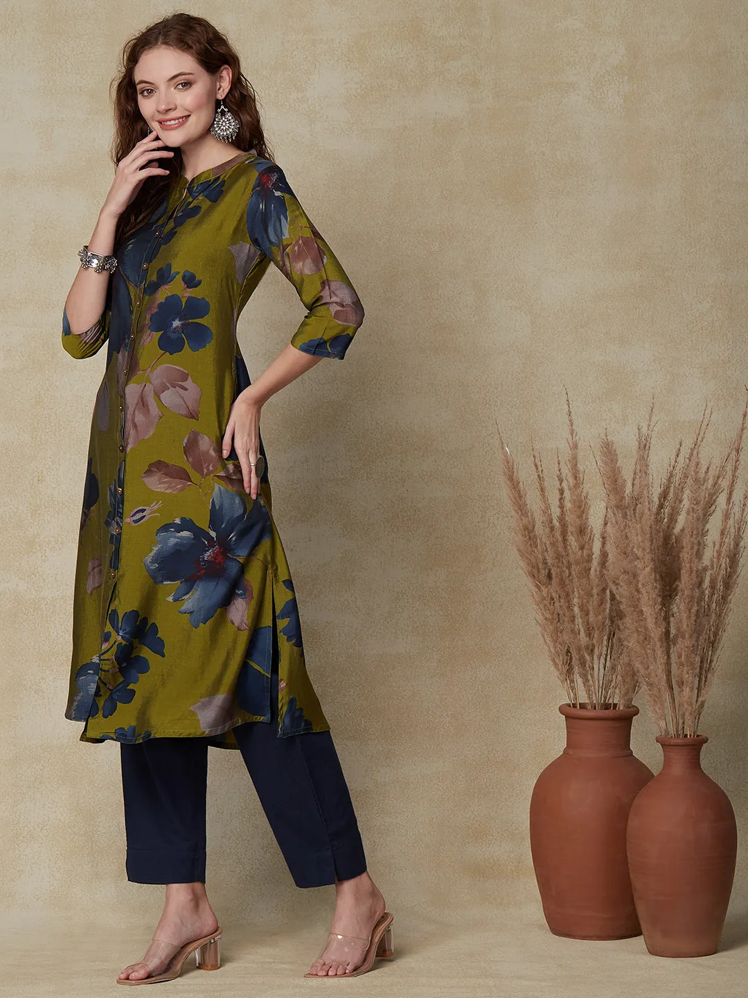 Abstract Floral Printed A-Line Kurta - Green