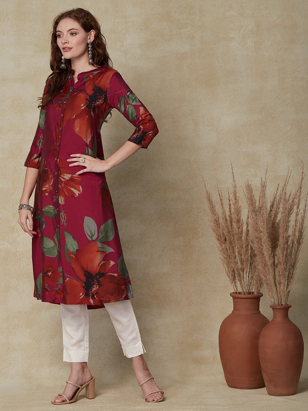 Abstract Floral Printed A-Line Kurta - Magenta