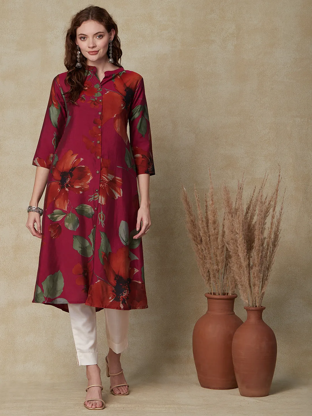 Abstract Floral Printed A-Line Kurta - Magenta