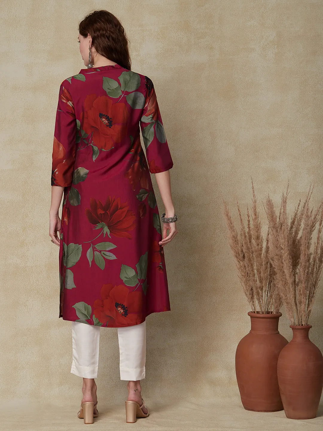 Abstract Floral Printed A-Line Kurta - Magenta