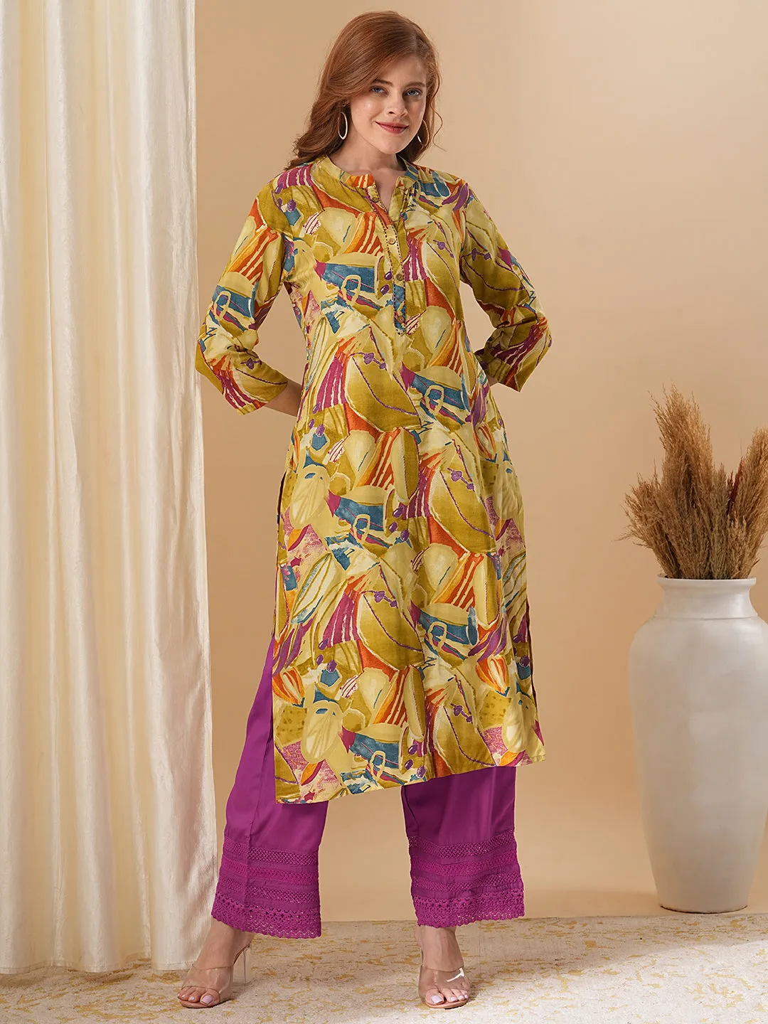 Abstract Floral Printed A-Line Kurta - Mustard Green