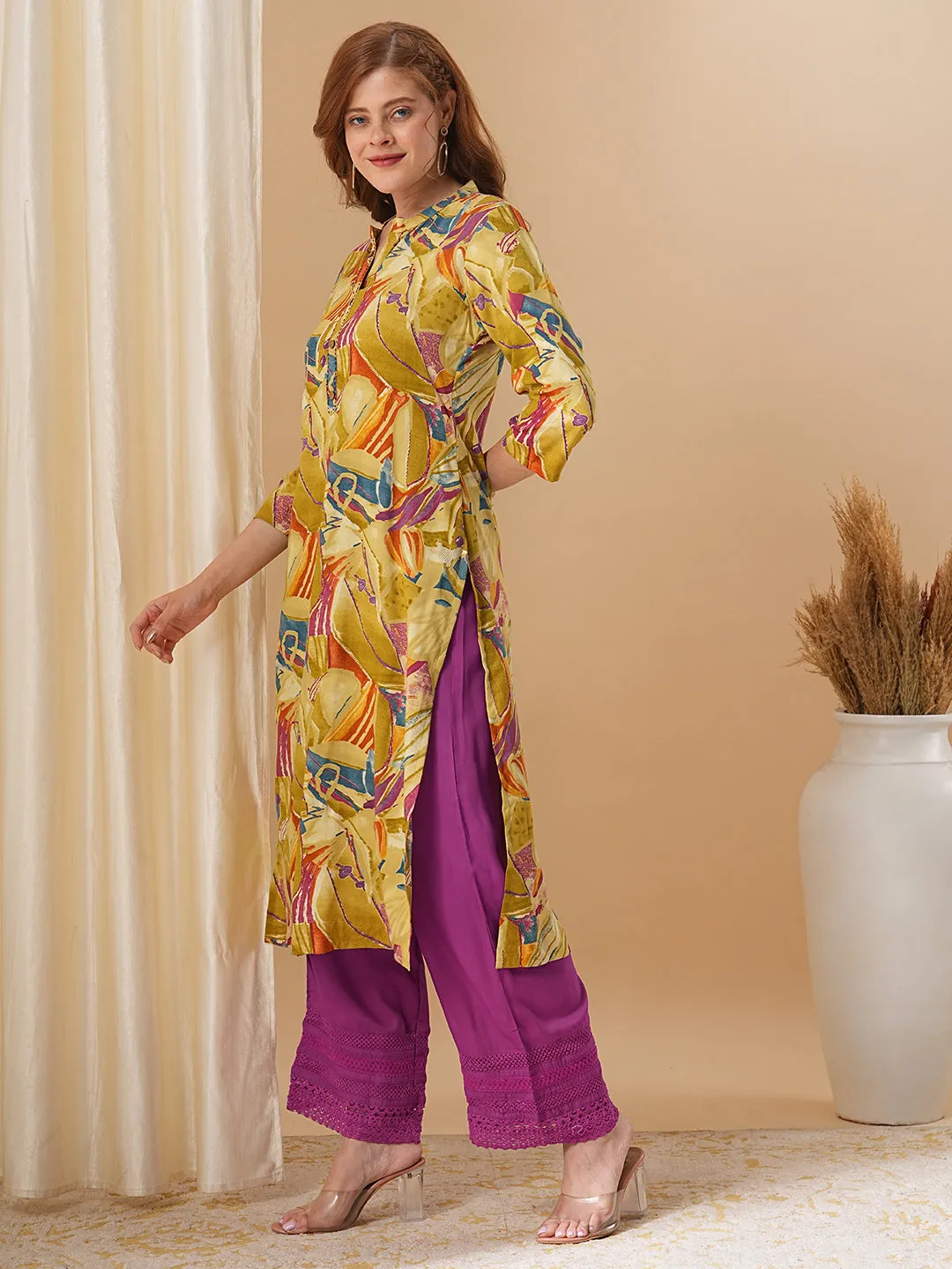 Abstract Floral Printed A-Line Kurta - Mustard Green