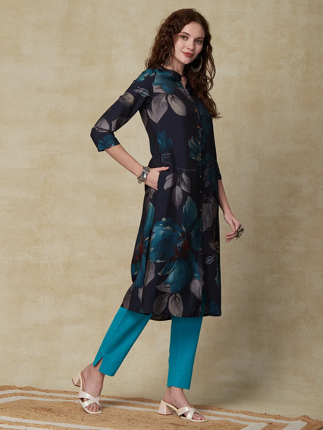 Abstract Floral Printed A-Line Kurta - Navy Blue