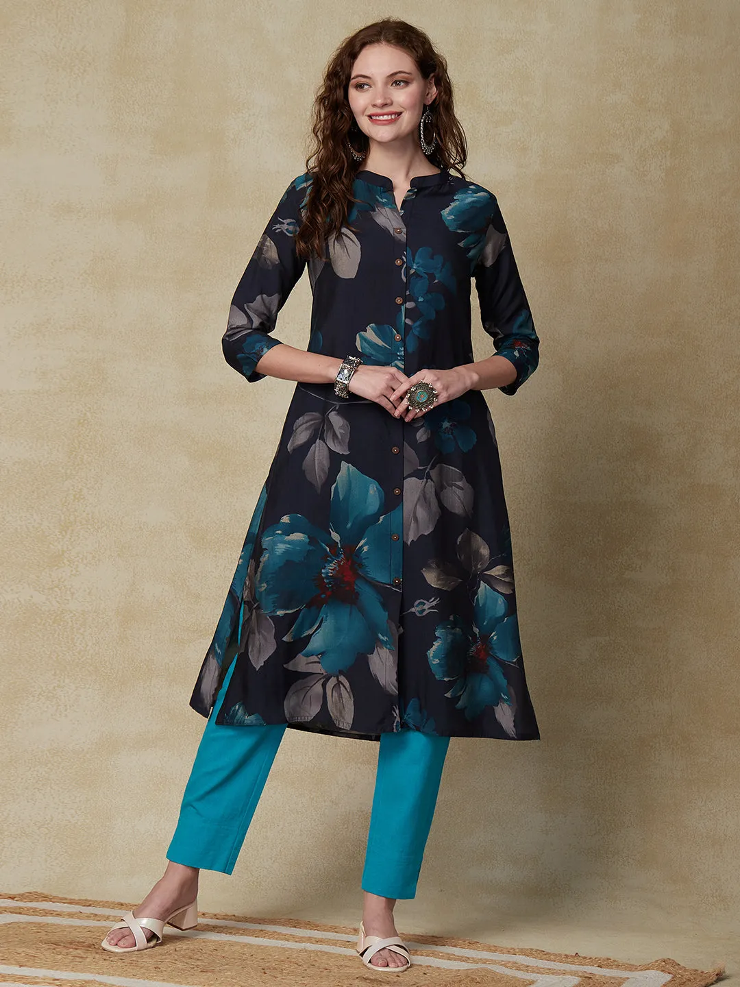 Abstract Floral Printed A-Line Kurta - Navy Blue