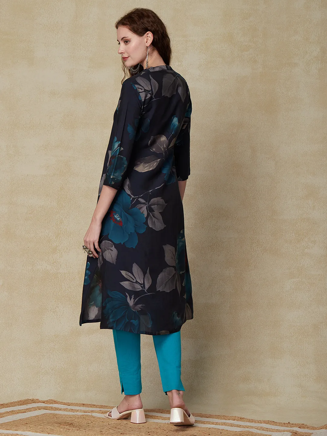 Abstract Floral Printed A-Line Kurta - Navy Blue