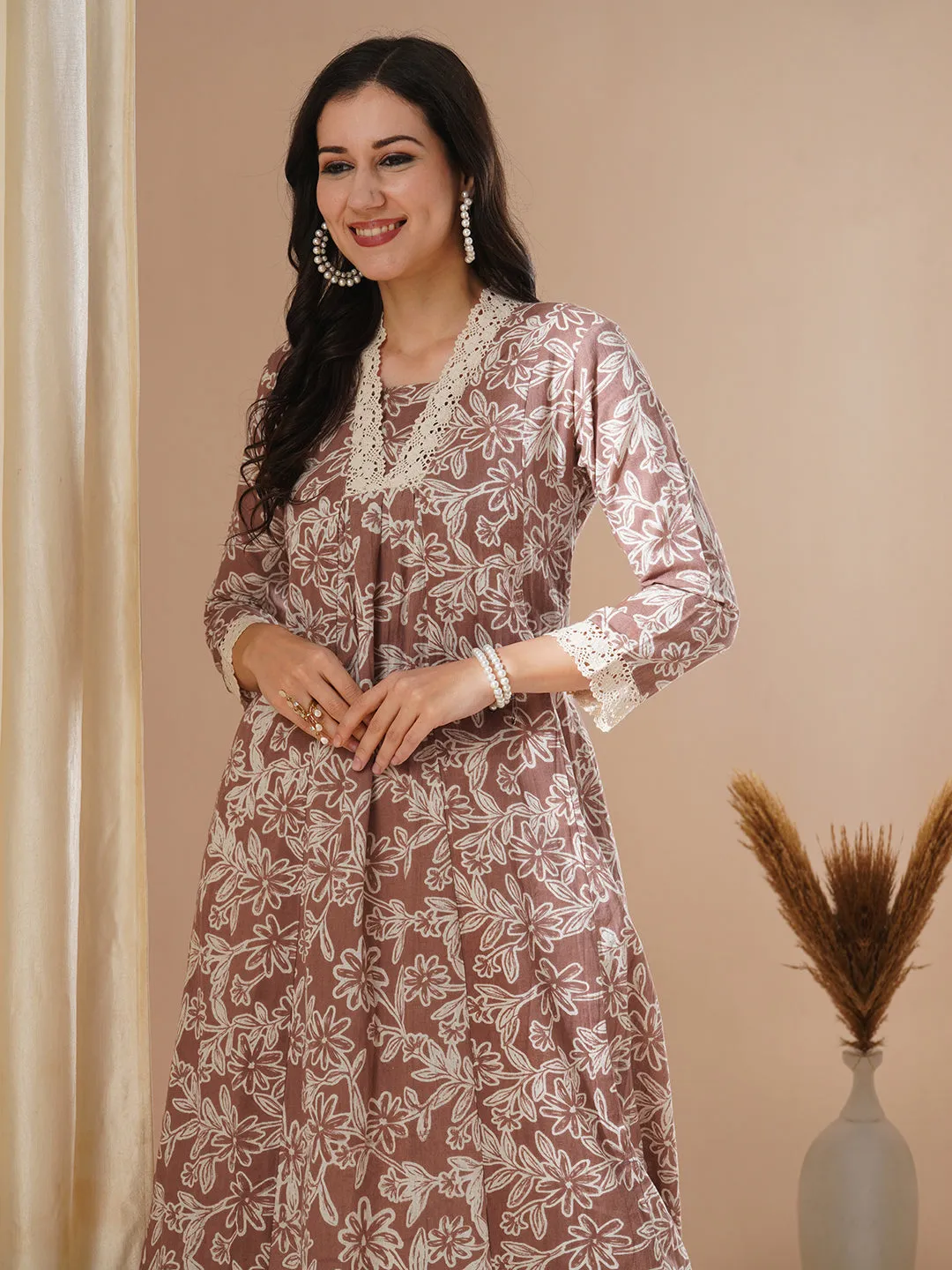 Abstract Floral Printed A-Line Paneled Cotton Flax & Kurta with Palazzo - Brown