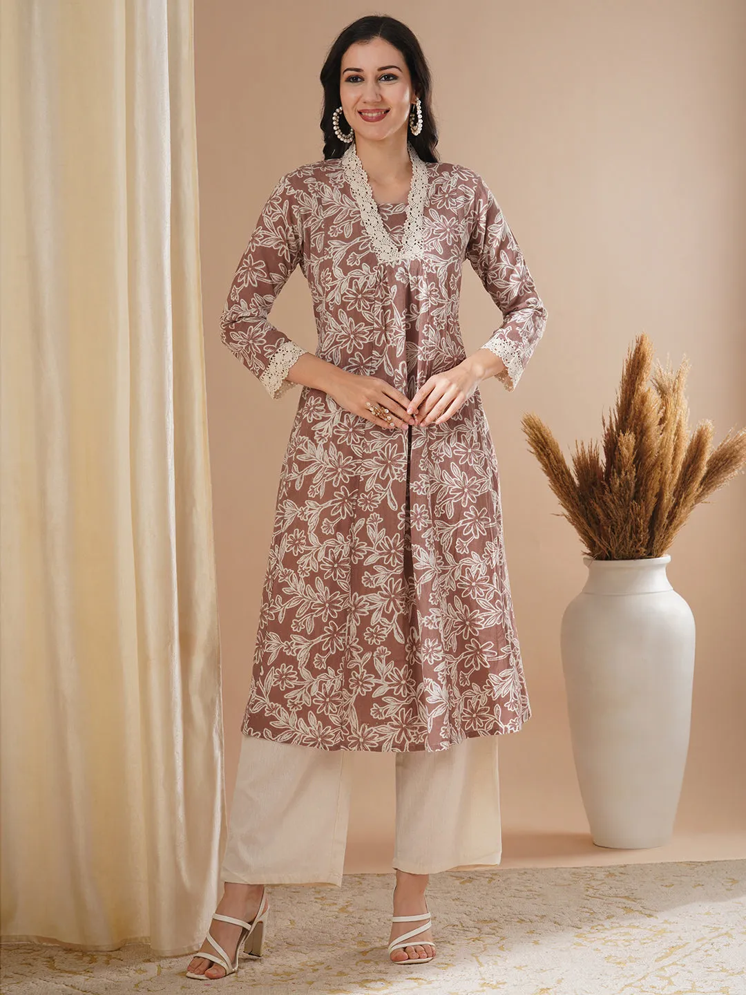 Abstract Floral Printed A-Line Paneled Cotton Flax & Kurta with Palazzo - Brown