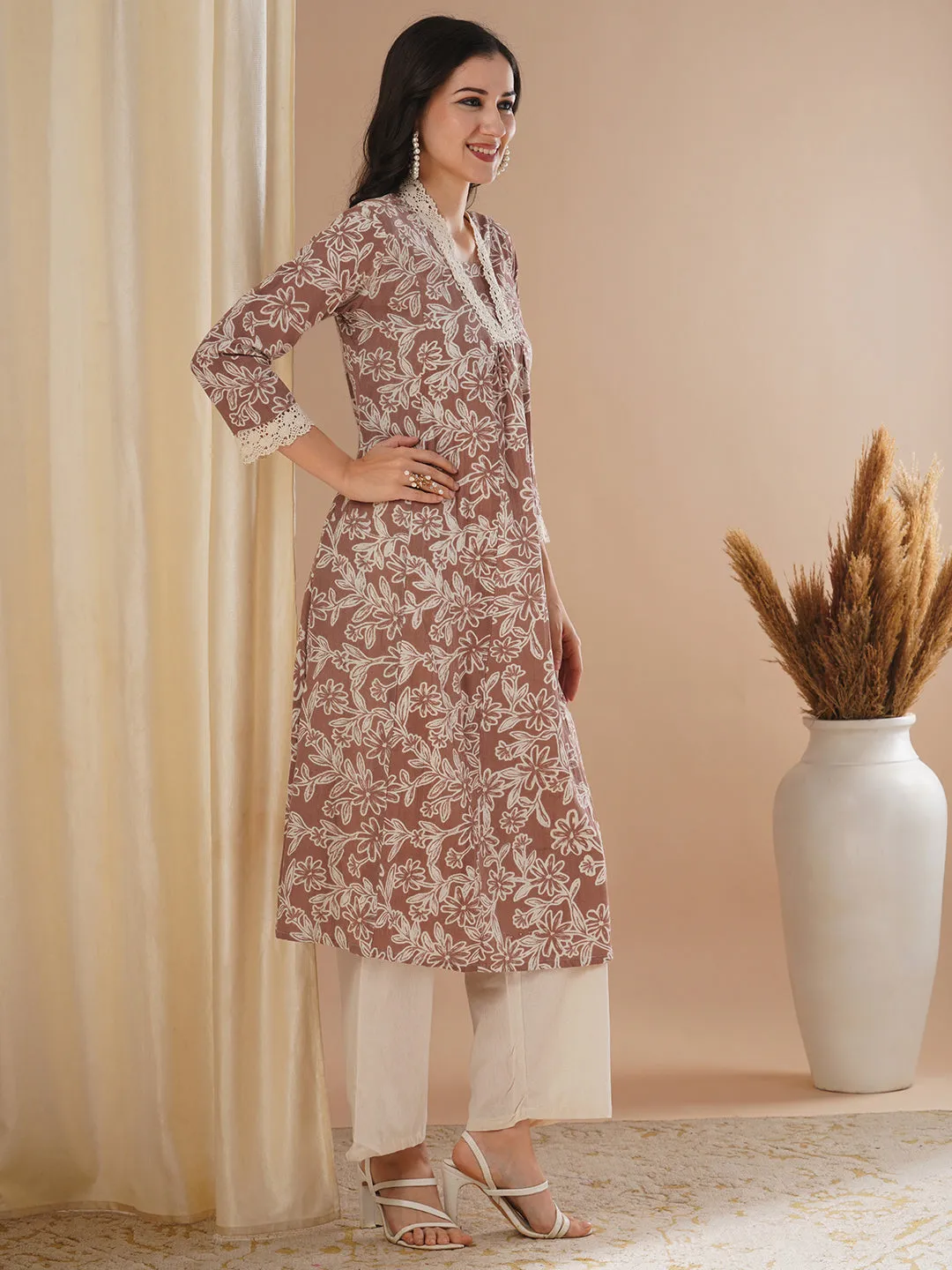 Abstract Floral Printed A-Line Paneled Cotton Flax & Kurta with Palazzo - Brown