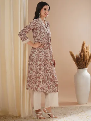 Abstract Floral Printed A-Line Paneled Cotton Flax & Kurta with Palazzo - Brown