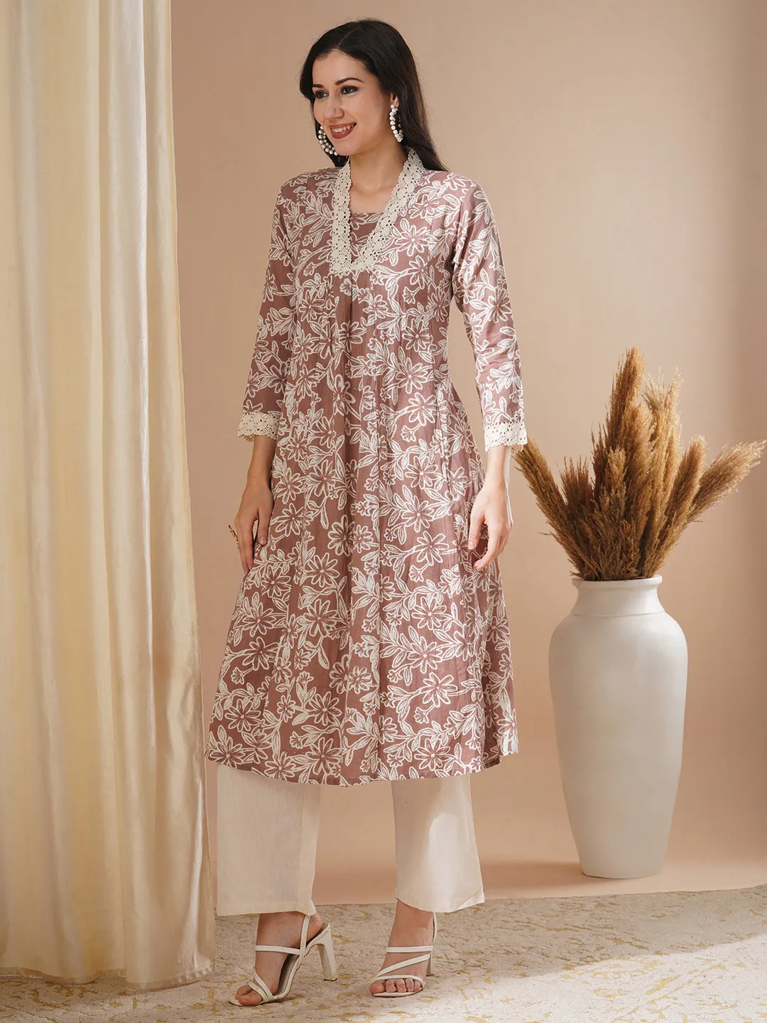 Abstract Floral Printed A-Line Paneled Cotton Flax & Kurta with Palazzo - Brown