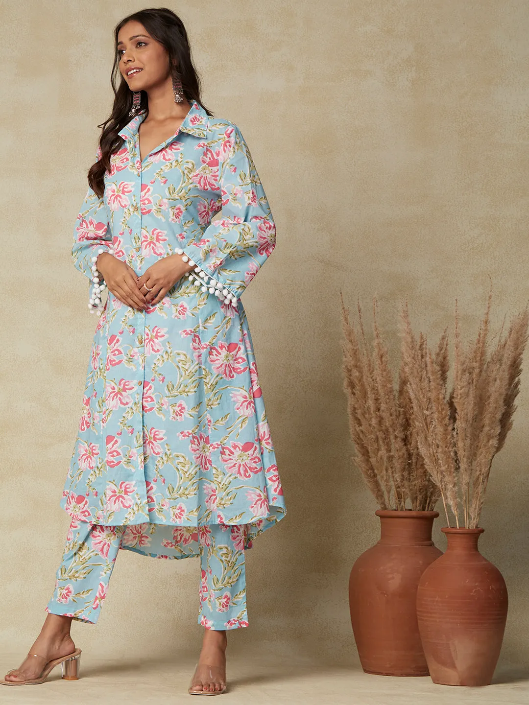 Abstract Floral Printed A-Line Paneled Kurta with Pant - Blue