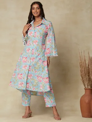 Abstract Floral Printed A-Line Paneled Kurta with Pant - Blue