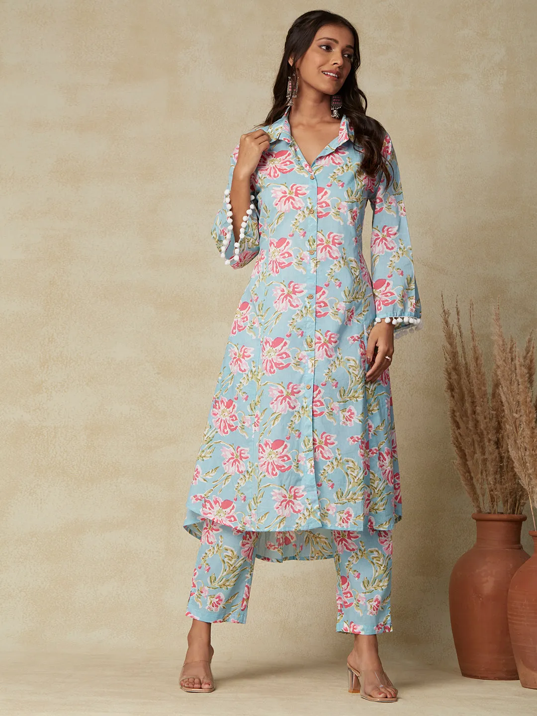 Abstract Floral Printed A-Line Paneled Kurta with Pant - Blue