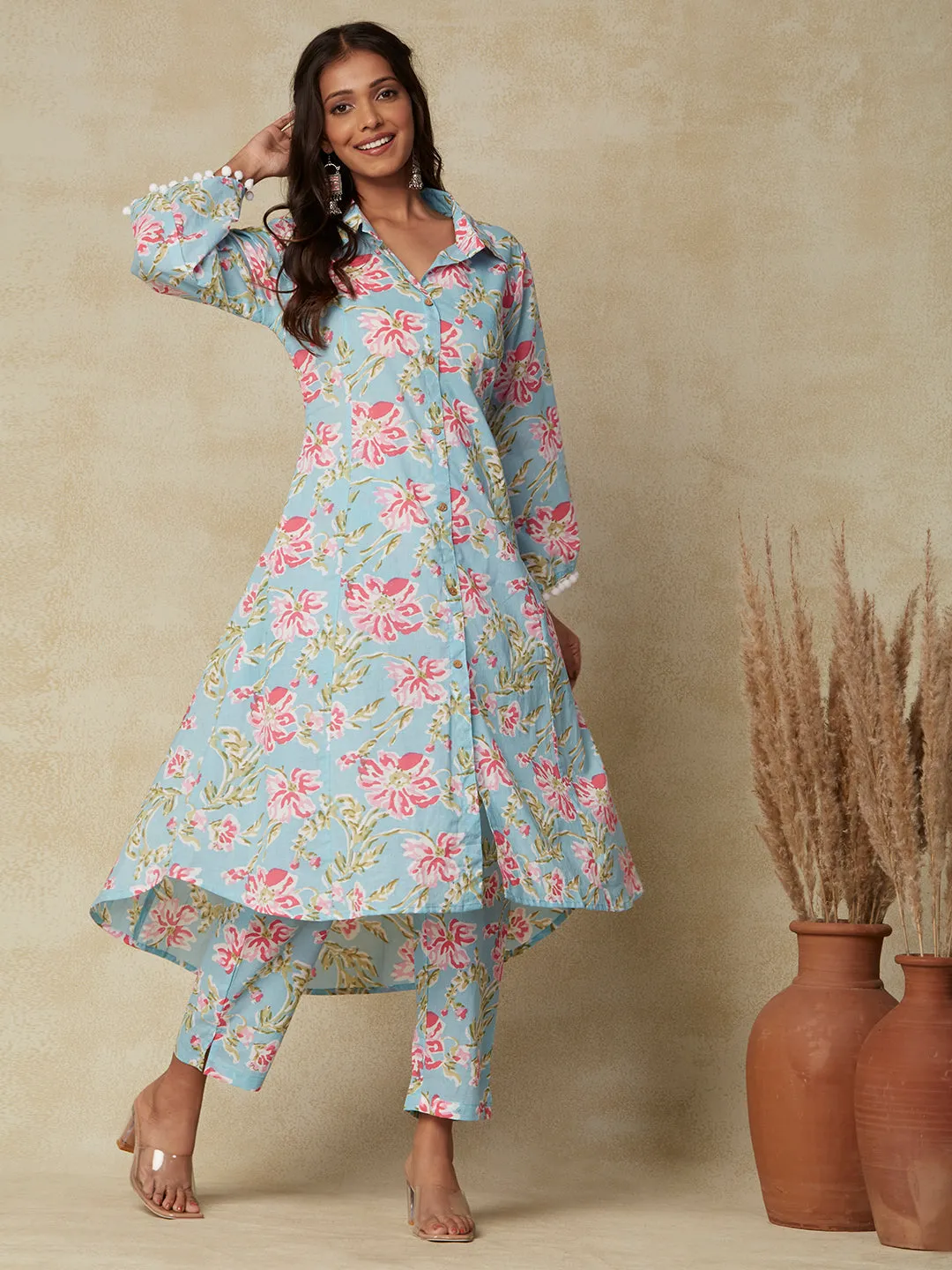 Abstract Floral Printed A-Line Paneled Kurta with Pant - Blue