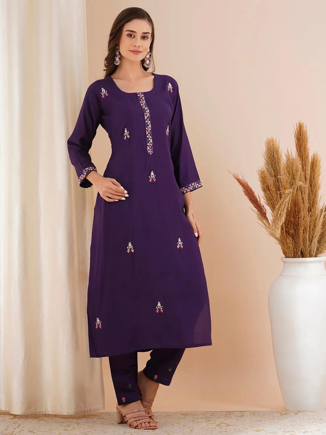 Abstract Floral Printed A-Line Paneled Kurta with Pant - Blue