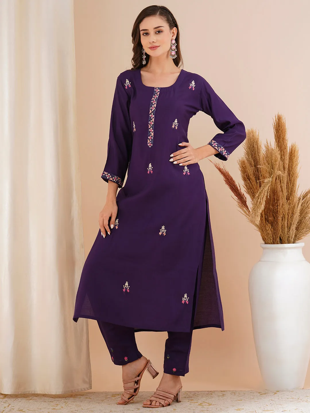 Abstract Floral Printed A-Line Paneled Kurta with Pant - Blue