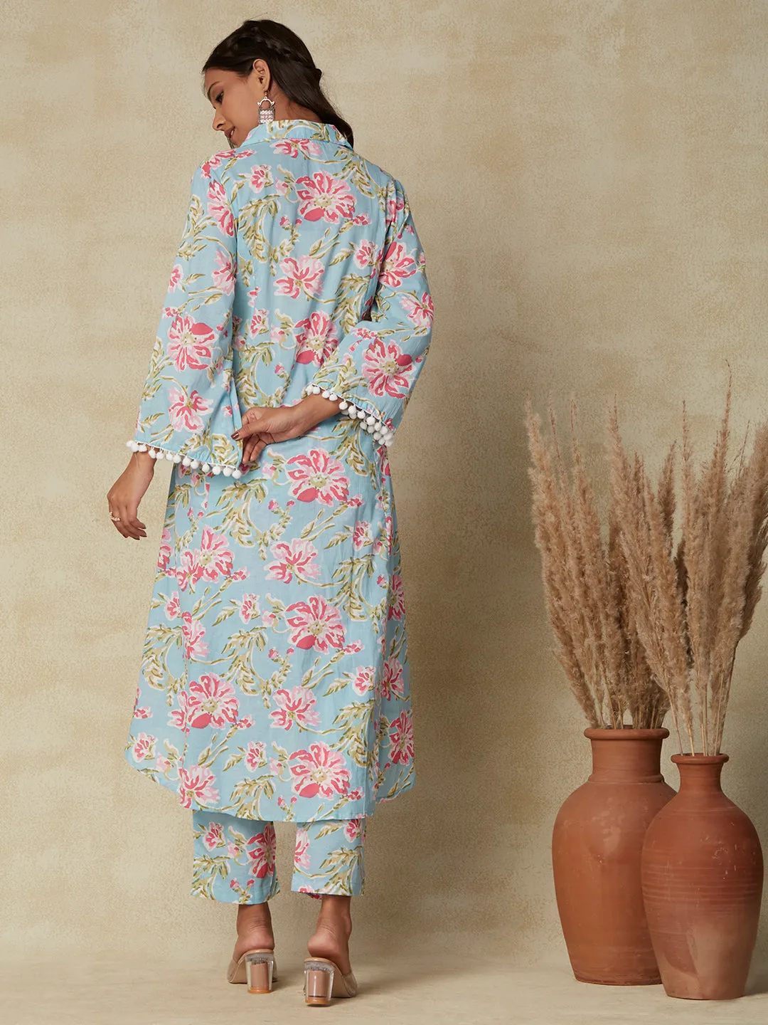 Abstract Floral Printed A-Line Paneled Kurta with Pant - Blue