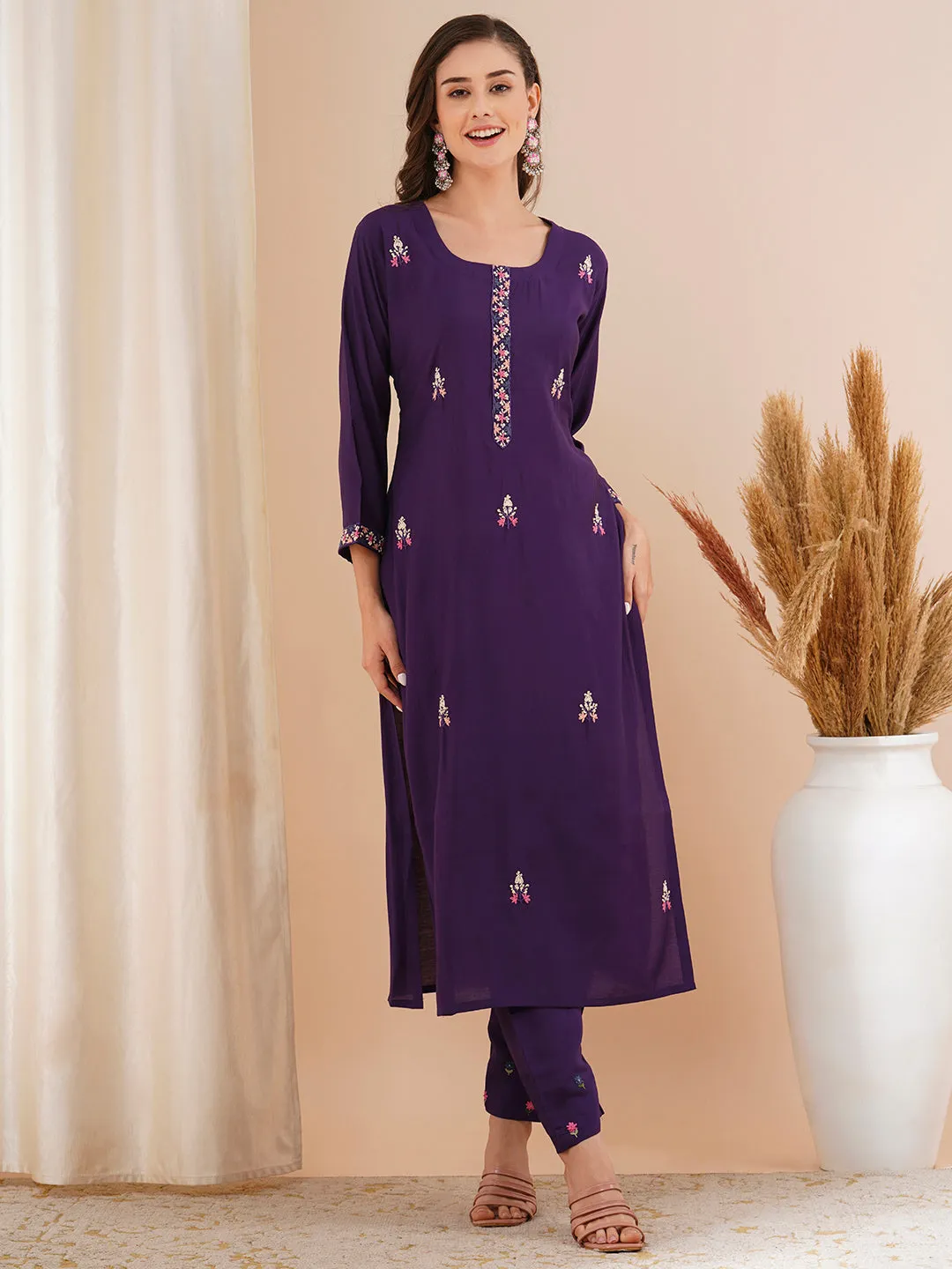 Abstract Floral Printed A-Line Paneled Kurta with Pant - Blue